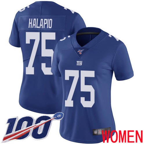 Women New York Giants #75 Jon Halapio Royal Blue Team Color Vapor Untouchable Limited Player 100th Season Football NFL Jersey->women nfl jersey->Women Jersey